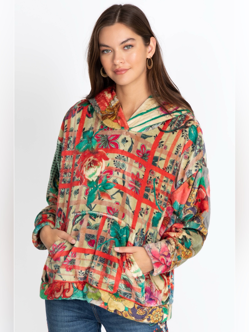 Johnny Was Biya Chanel Sherpa Pullover Hoodie In Floral And Plaid